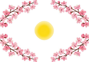 Bright yellow sun with decorative red floral pattern border PNG isolated on transparent background