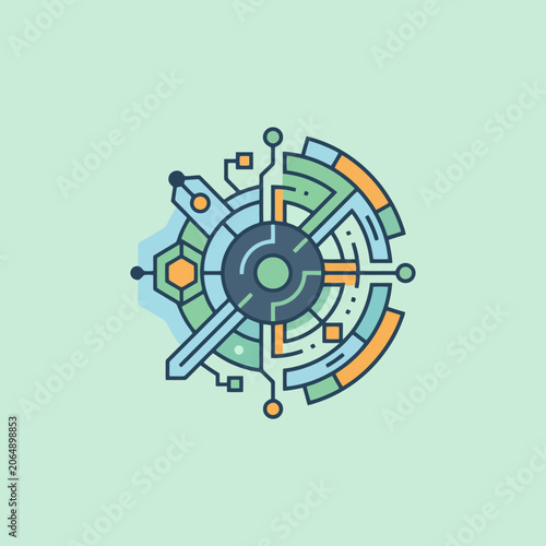 A circular digital interface icon with geometric circuit board patterns
