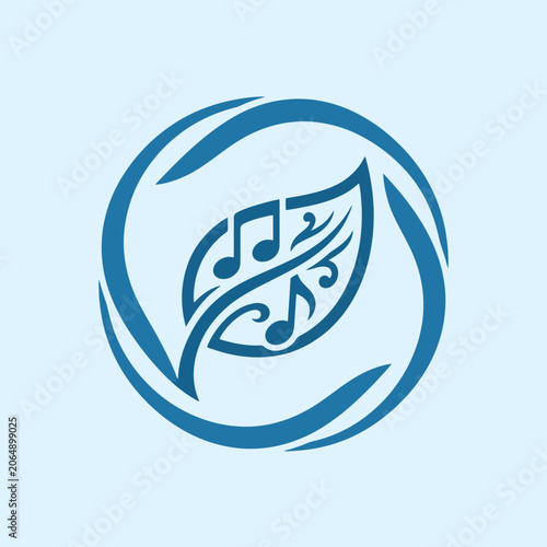 A blue circular icon featuring a leaf and musical notes