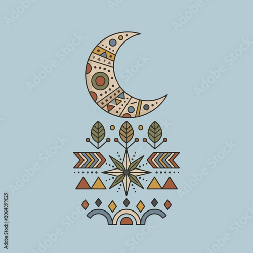 A decorative crescent moon with geometric patterns on blue background