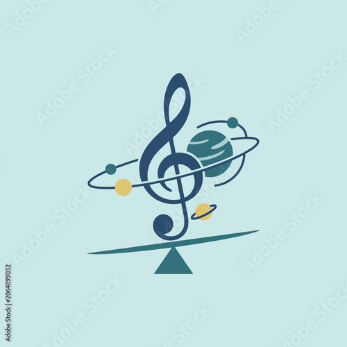 A musical treble clef symbol orbits around a small planet system