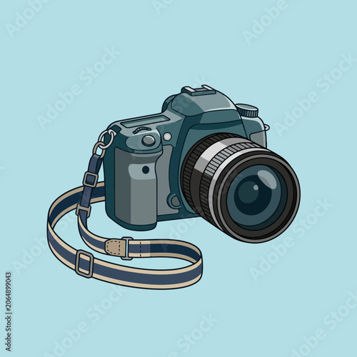A digital camera with a strap sits on a light background