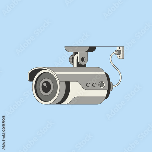 Pixel art illustration of a security camera on blue background