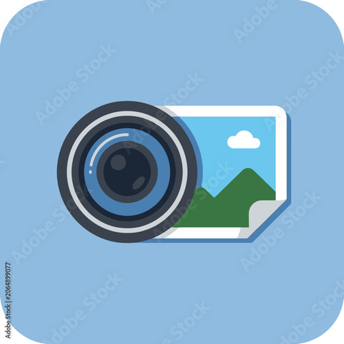 A flat vector icon representing a digital camera and image file