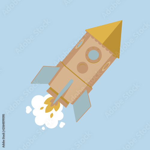A simple illustration of a cardboard rocket flying in the sky
