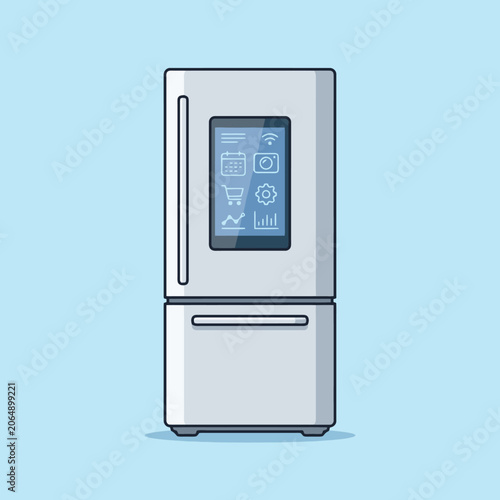 A modern smart refrigerator with a digital touchscreen display