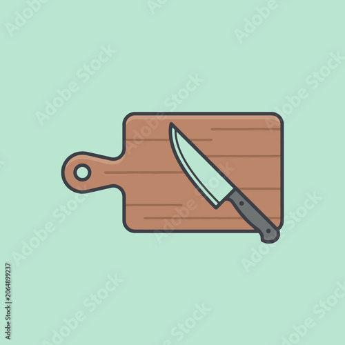 A sharp kitchen knife resting on a wooden cutting board surface