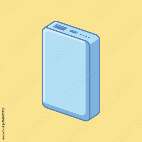 A blue portable battery charger isolated on a yellow background
