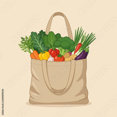 A reusable fabric bag filled with fresh organic garden vegetables