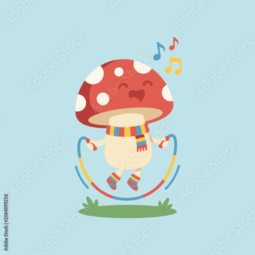 A cute cartoon mushroom character jumping rope on a light background