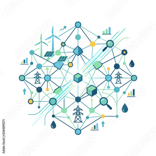 A digital illustration of a complex global energy network system