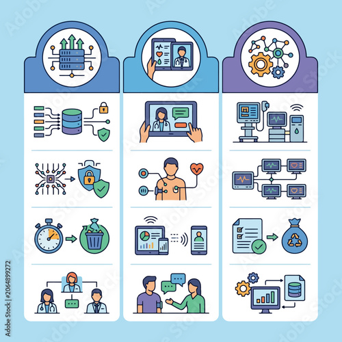 Vector icons representing digital healthcare and telemedicine