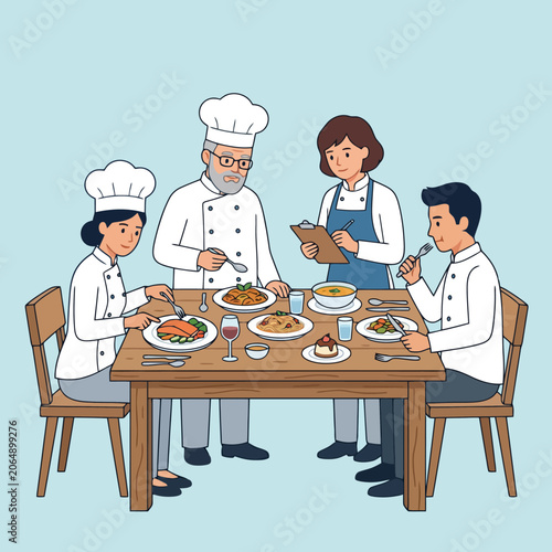 A group of professional chefs eating a meal at a table