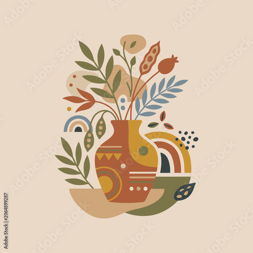 A decorative ceramic vase filled with stylized botanical plant elements