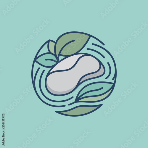 Minimalist circular illustration of a smooth stone with green leaves