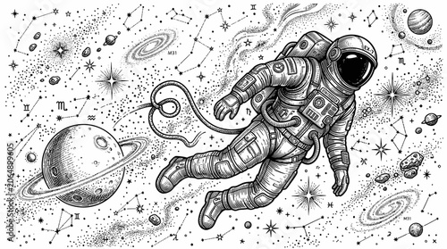 Photography Astronaut floating in deep space tethered to a ringed planet