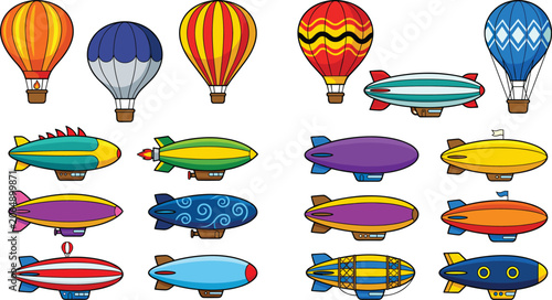 Obraz na płótnie Hot Air Balloons and Airships Set – Colorful Cartoon Zeppelins and Dirigibles V