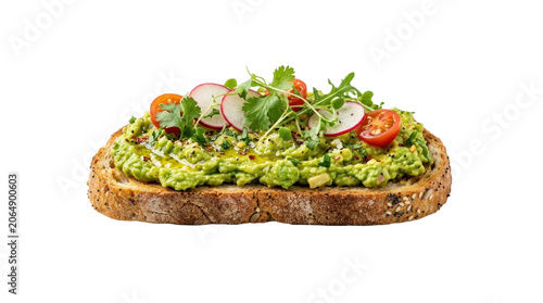 Delicious healthy avocado toast with radish and cherry tomatoes on isolated transparent background