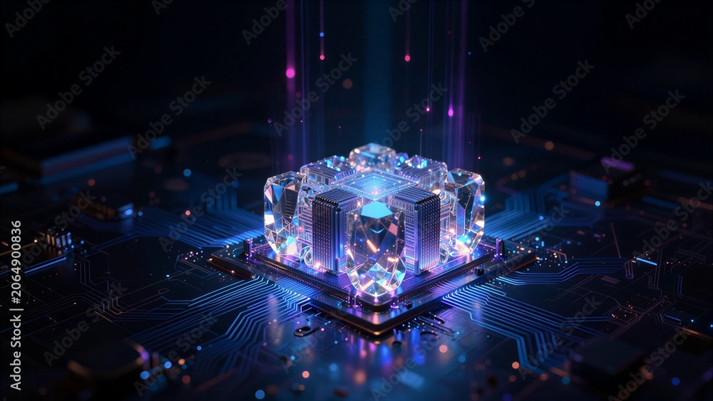 Naklejka premium Futuristic crystal processor glows on circuit board with vibrant neon lights.