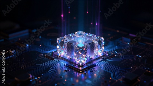 Futuristic crystal processor glows on circuit board with vibrant neon lights.