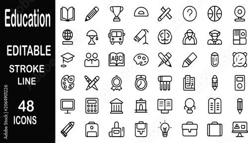 Cuadro en lienzo Education Icon Set: A comprehensive collection of 48 editable stroke line icons representing various aspects of education and learning