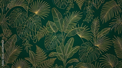 Tropical Jungle Leaves Dark Green Background