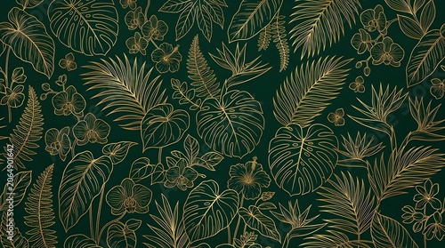 Elegant Tropical Floral Seamless Pattern on Deep Green Background