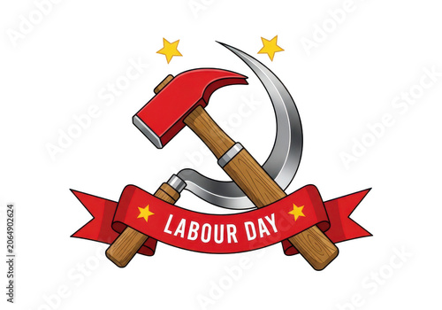 Red hammer and sickle symbol with ribbon and stars on white background PNG isolated on transparent background