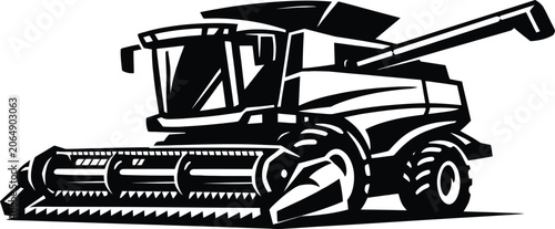 Combine Harvester Vector – Black and White Minimalist Illustration of Agricultural Machinery with Large Front Header, Operator Cab, and Extended Auger – Modern Farming Technology and Industrial Artwor