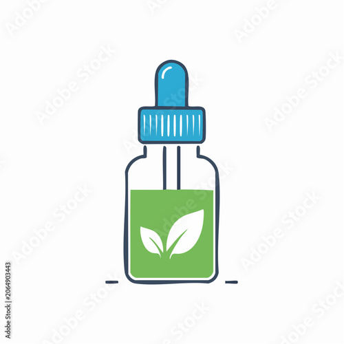 Dropper bottle with green liquid and leaf icon