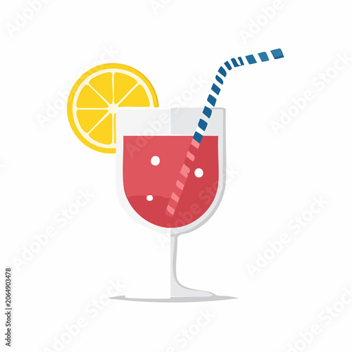 Flat design illustration of a refreshing red cocktail with lemon and straw
