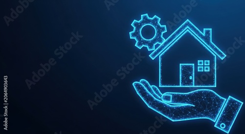 Digital Hand Holding House Icon With Technology Gear, Representing Smart Home Automation and Security Concepts