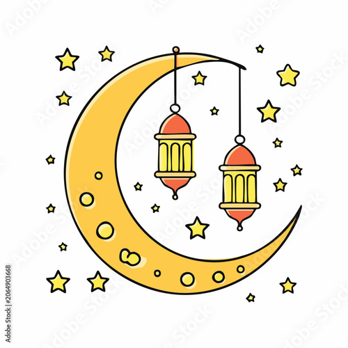 Ramadan Crescent Moon with Lanterns and Stars