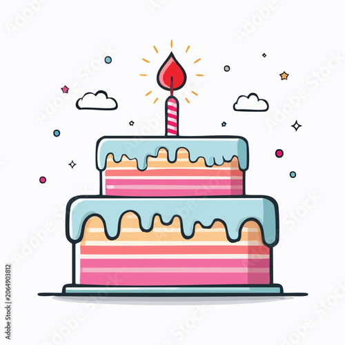 Two-Tier Birthday Cake with Candle and Festive Decorations