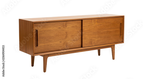 Midcentury modern teak sideboard with sliding doors isolated on transparent background