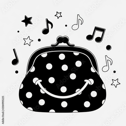 Black and white illustration of a polka-dot coin purse with cheerful smile and floating musical notes and stars around it