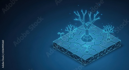 Stylized geometric trees struggling for growth on a cracked, arid land with a digital blue glow