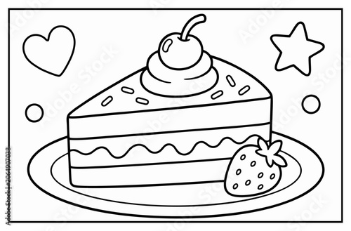 Foto Cake coloring page illustration featuring a slice of dessert with cherry strawbe