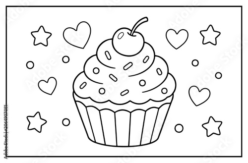 Obraz na plátně Cupcake coloring page with cherry on top heart shapes and stars in a simple desi