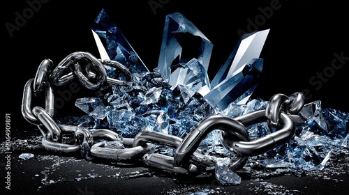 shards. Shattered metal chains and sharp geometric shards in a high-contrast monochrome composition. wellbeing guides, coaching materials, designed for coaching and self-improvement content.