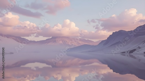 Surreal Floating Mountain Landscape with Pastel Clouds and Mirror Lake Reflection