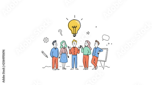 Group of diverse people standing together with a bright idea light bulb icon above them