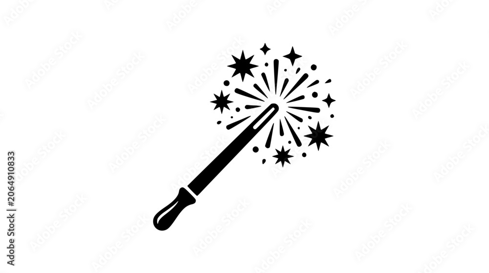 Naklejka premium Stylized graphic of a mystical wand, igniting a cascade of radiant stars and sparkling energy, a perfect emblem for imagination, wonder, and magical storytelling