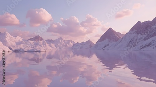 Whimsical Floating Landscape with Cotton Candy Clouds and Glassy Lake