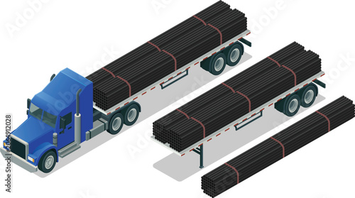 Semi truck carrying construction steel pipes on flatbed trailer