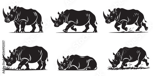 Bild auf Leinwand Rhinoceros Vector Set in Different Poses Isolated Wildlife Animal Silhouette Col
