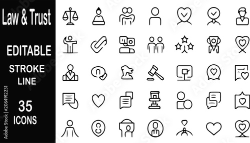 Photography Law and Trust Icons Set: A collection of editable stroke line icons representing legal concepts, trust, and justice, offering a comprehensive visual toolkit for professional use