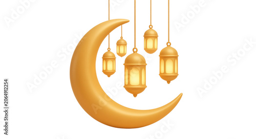 Photos Elegant crescent moon with hanging lanterns in evening sky scene
