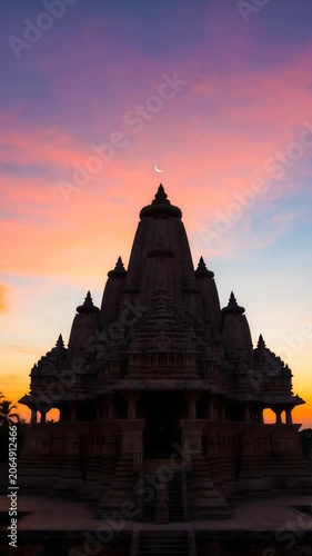 A majestic temple silhouette against a vibrant sunset sky with hues of blue, orange, and pink