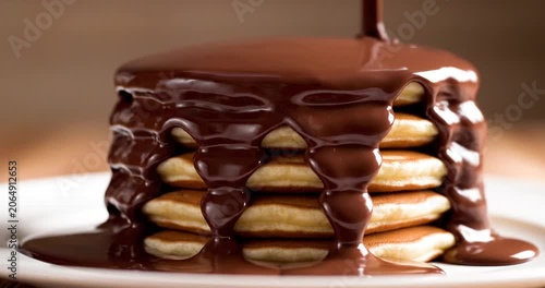 Stack of fluffy pancakes drizzled with rich chocolate sauce on a white plate